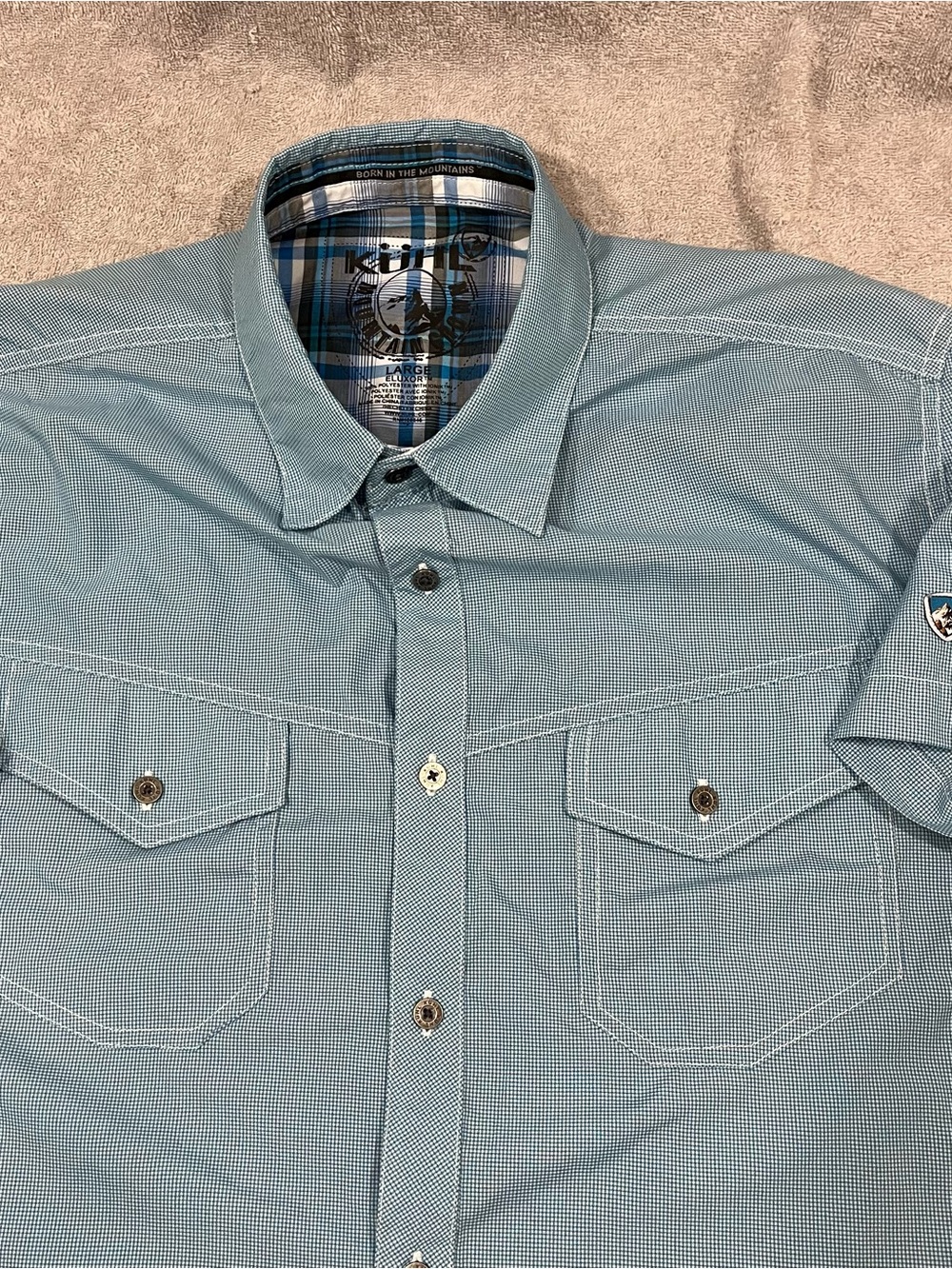 KUHL Eluxur Mens Large Short Sleeve Button Up Check Shirt  Polyester Quick Dry